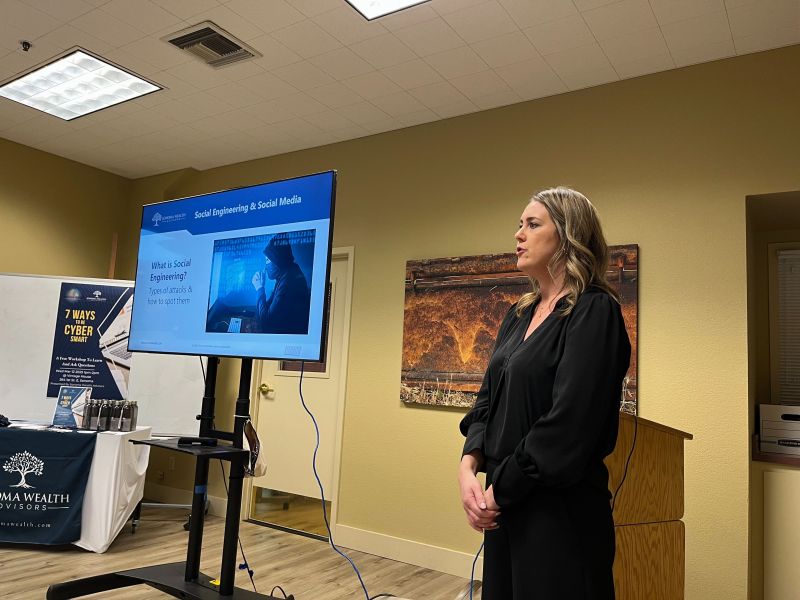 Shelby Wirick, Financial Advisor at Sonoma Wealth Advisors, presenting on social engineering and social media scams at Vintage House