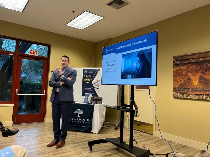Daren Blonski, Managing Principal at Sonoma Wealth Advisors, presenting on social engineering and social media scams at Vintage House in Sonoma
